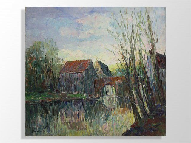 photo buy Bridge Over Water Oil On Canvas Signed Kiraval X Xth Oil Painting On Canvas Signed Kiraval X Xth 5 Probably 40/50 Years Representing A Landscape Of Dimen