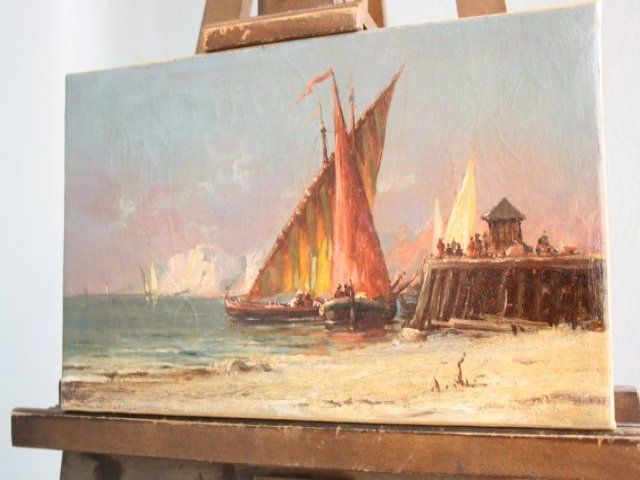 Marine Aux Felouques Xi Xth Oil Painting On Canvas Attributed To Duvieux photo furniture