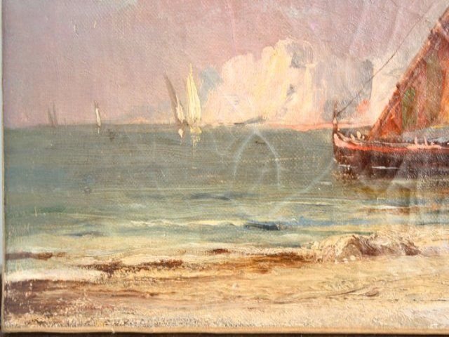 Marine Aux Felouques Xi Xth Oil Painting On Canvas Attributed To Duvieux photo for sale