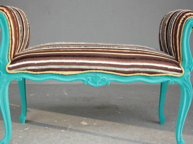 Decorative Bench Louis XV Style Flocked Cyan photo vinterior