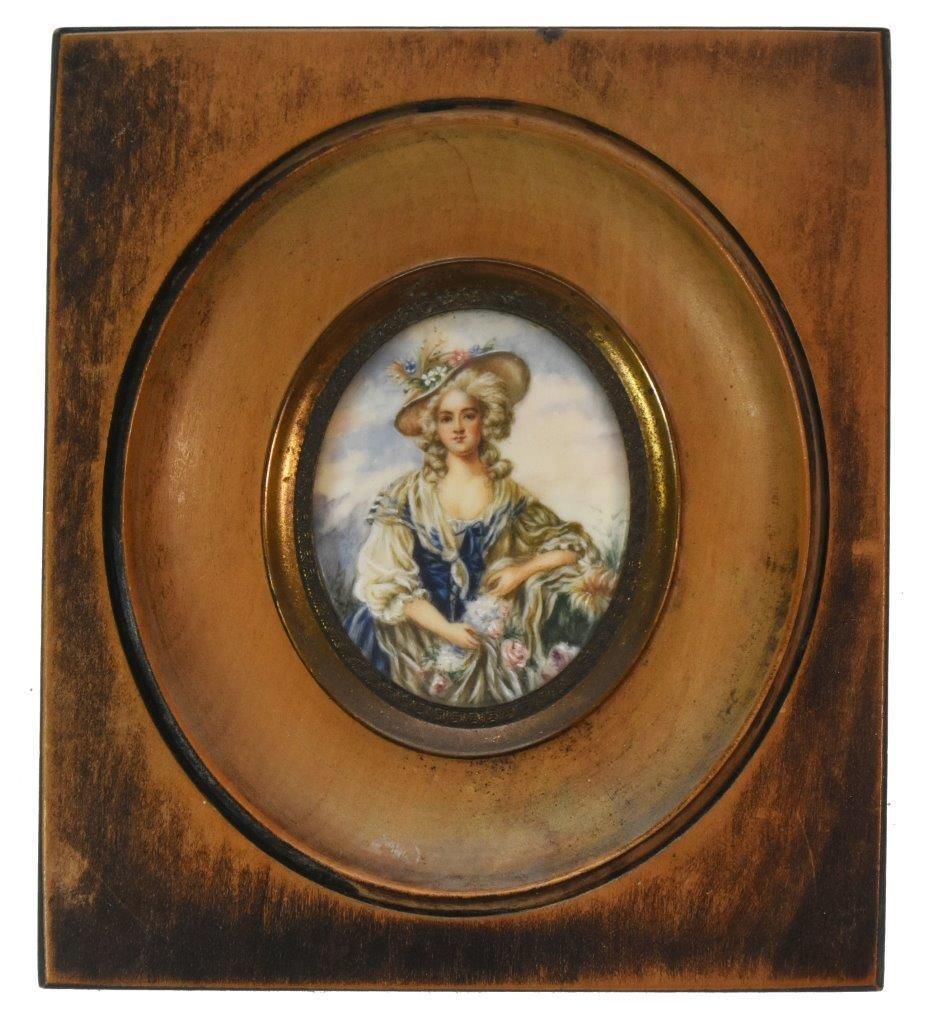 Portrait Of Elegant Painted Porcelain Medallion In Wooden Frame From The 19th Century