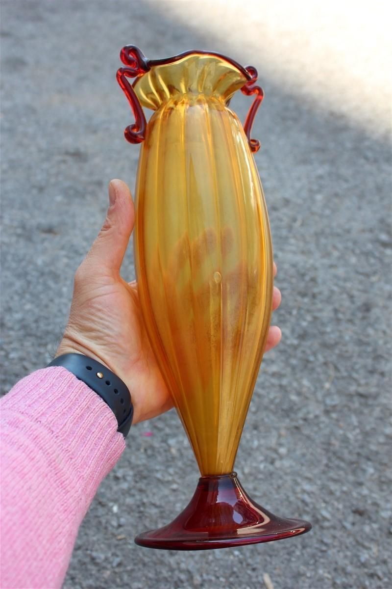 Yellow And Red Blown Murano Glass Vase 1950 Art Nouveau Italian Design photo vintage