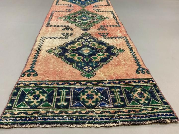 Distressed Turkish Runner 360x79 Cm Wool Vintage Tribal Rug Pink Green photo furniture