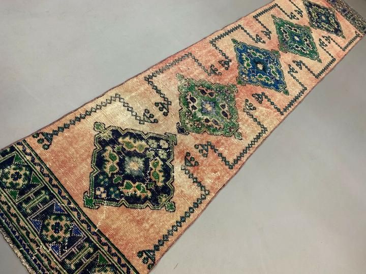 Distressed Turkish Runner 360x79 Cm Wool Vintage Tribal Rug Pink Green photo for sale