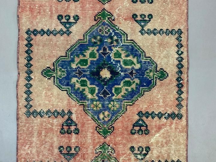 Distressed Turkish Runner 360x79 Cm Wool Vintage Tribal Rug Pink Green photo 585.0