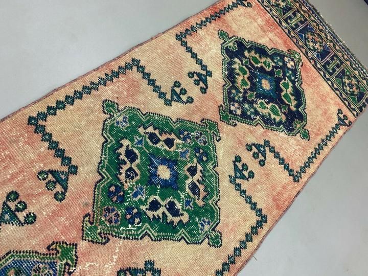 Distressed Turkish Runner 360x79 Cm Wool Vintage Tribal Rug Pink Green photo vinterior