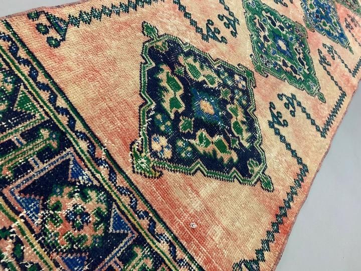 Distressed Turkish Runner 360x79 Cm Wool Vintage Tribal Rug Pink Green photo vintage