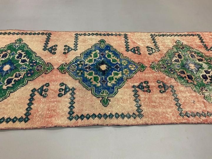 photo furniture Distressed Turkish Runner 360x79 Cm Wool Vintage Tribal Rug Pink Green