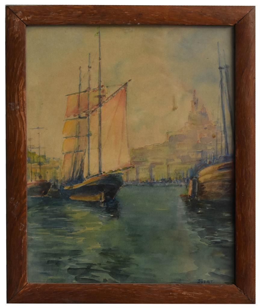 Boats Entering Old Port Of Marseille Signed Bert Early Twentieth