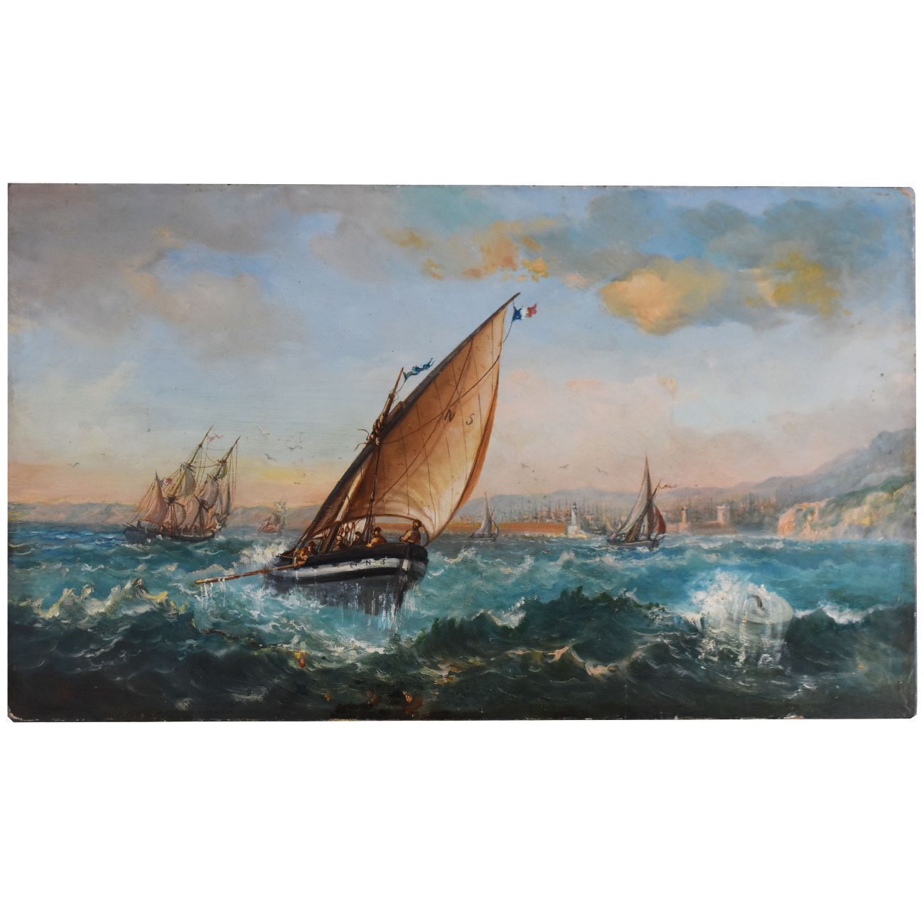 Boat And Marine Crew In Oil Late Xi Xth Ab Monogram