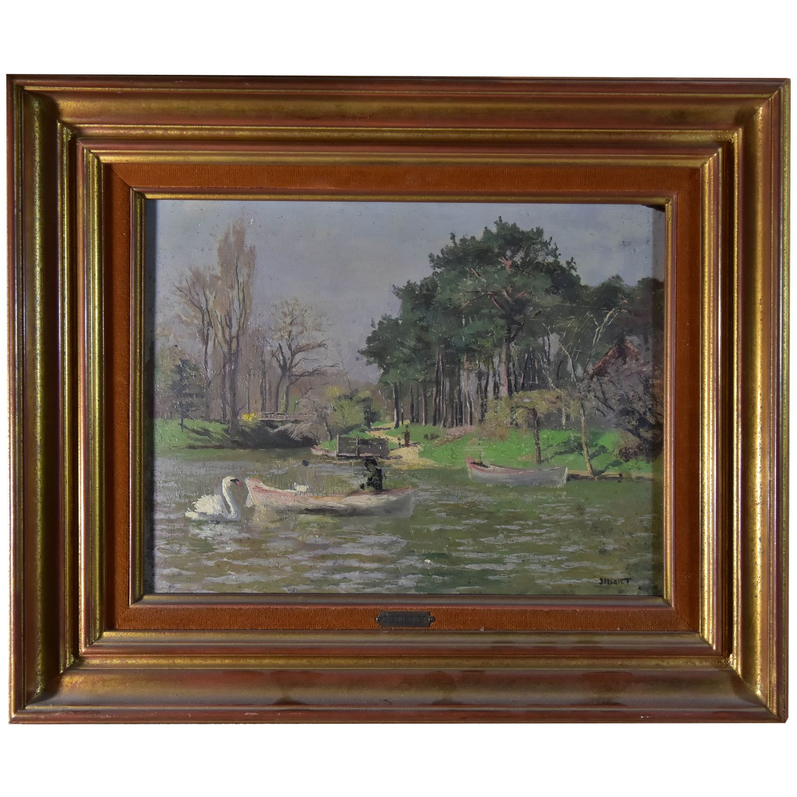 Boat Ride On The Lake "With A Majestic Swan And Its Banks. French School Early Twentieth By Charles Bousquet.