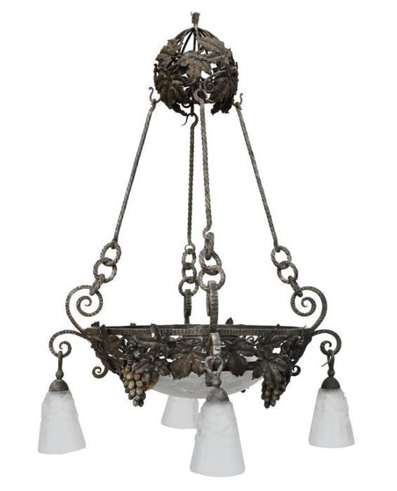 Wrought Iron Chandelier From The 1930s With Grape Decoration