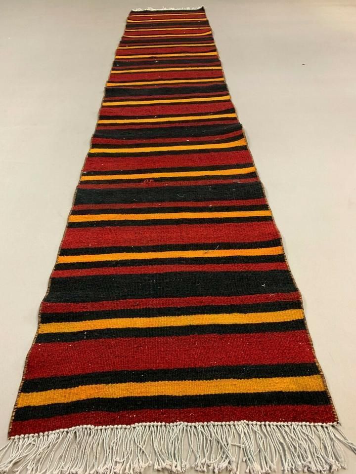 Old Turkish Narrow Kilim Runner 275x54 Cm, Shabby Chic, Vintage Kelim Red Black