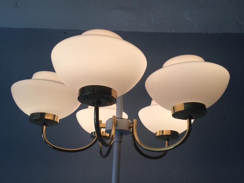 Extraordinary Italian 5 Arms Floor Lamp   Brass And Metal Body   Opal Glasses   Mid Century Modern   50s Home Lighting   3 Step Lighting