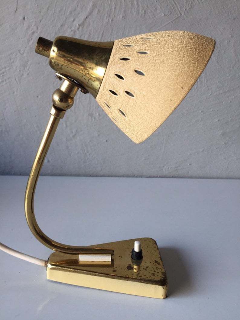 Mid Century Modern Night Lamp   Beige Metallic Crinkle Paint   Brass Neck And Top   One Bedside Lamp   50s Germany photo for sale