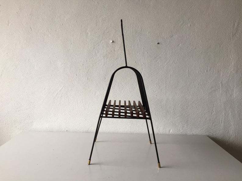 Mid Century Italian Magazine Stand With Handle   Black Metal & Wooden Body   1950s Italy photo Home Decor