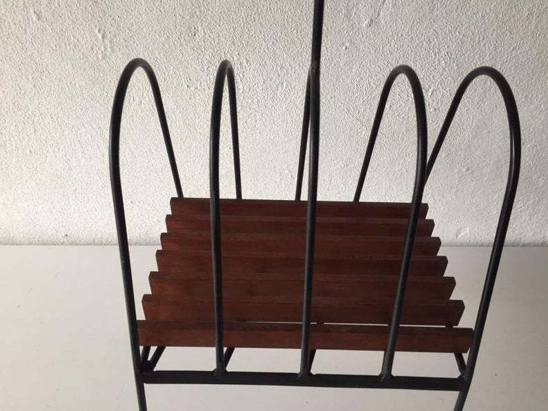 Mid Century Italian Magazine Stand With Handle   Black Metal & Wooden Body   1950s Italy photo vinterior