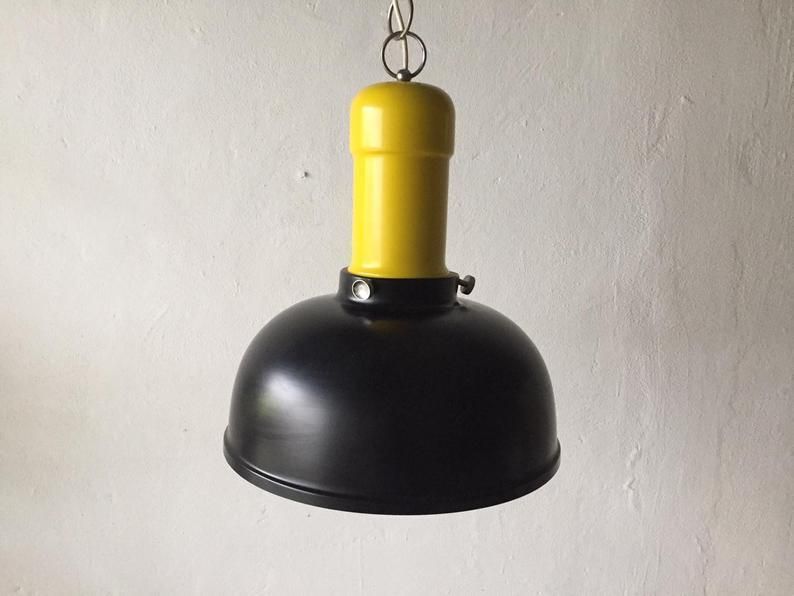 Brilliant Black & Yellow Metal Industrial Pendant Lamp   1950s