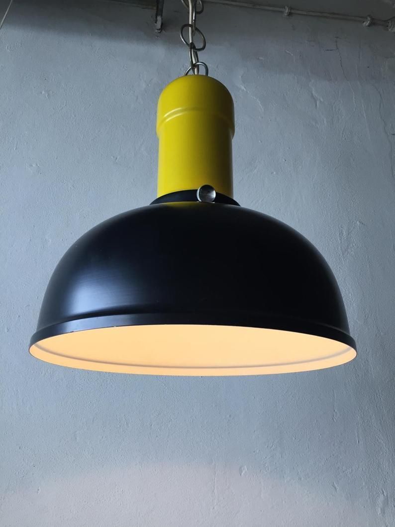 photo for sale Brilliant Black & Yellow Metal Industrial Pendant Lamp   1950s