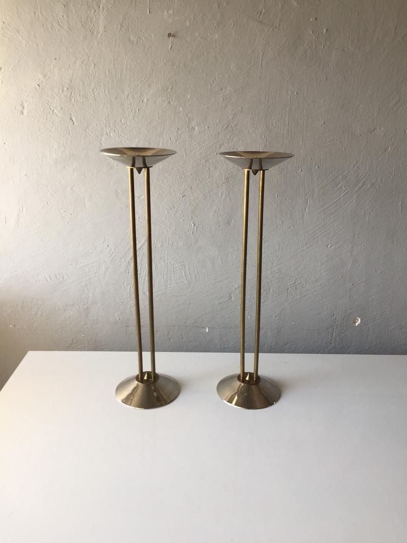 photo for sale 60s Metal And Brass Pair Of Floor/Large Candleholder