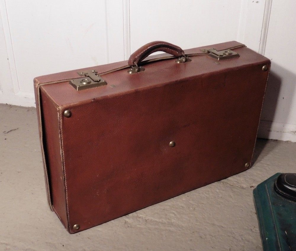 French Art Deco Leather Suit Case With Original Canvas Cover photo for sale