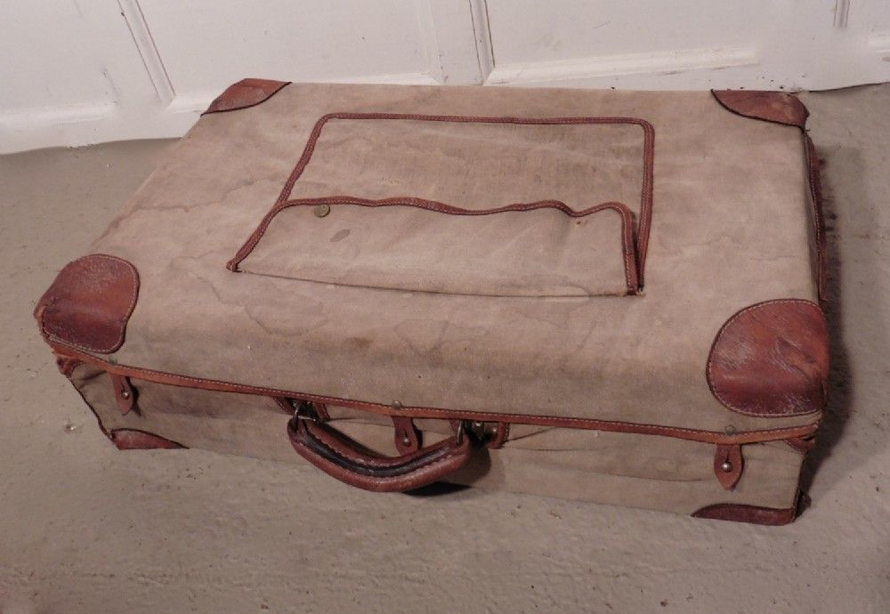 French Art Deco Leather Suit Case With Original Canvas Cover photo 420.0