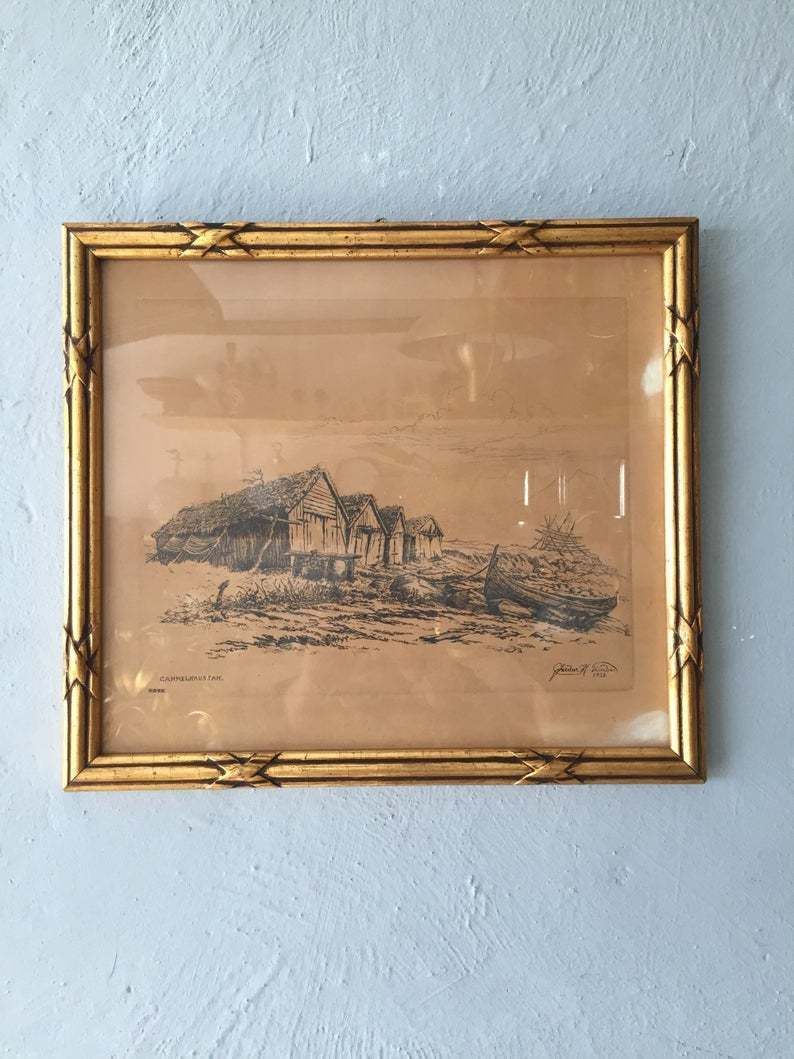 30s Pencil Drawing Danish Art Painting   Antique Illustration   Signed By Artist   Gammel Naustan Seaside Panorama