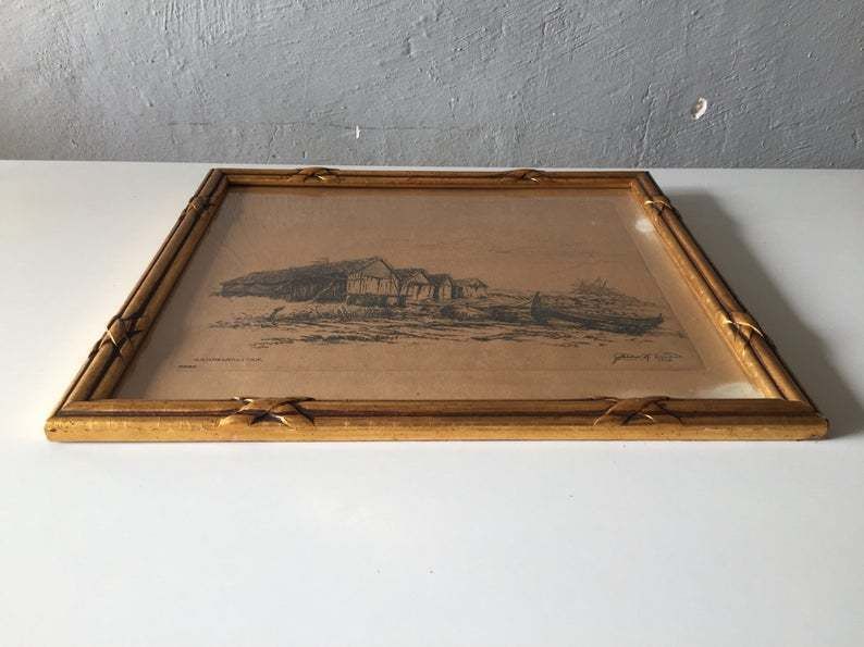 30s Pencil Drawing Danish Art Painting   Antique Illustration   Signed By Artist   Gammel Naustan Seaside Panorama photo Art