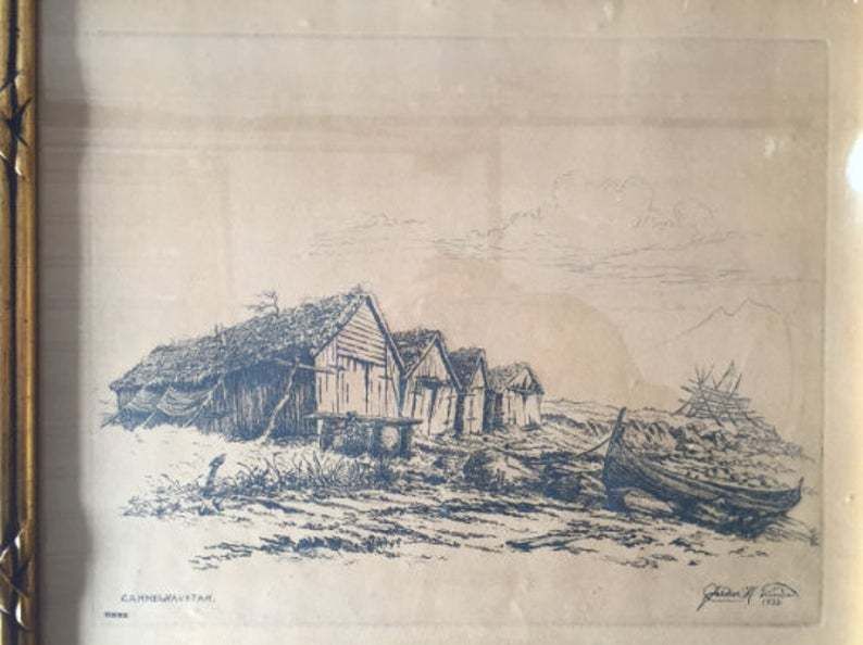 photo furniture 30s Pencil Drawing Danish Art Painting   Antique Illustration   Signed By Artist   Gammel Naustan Seaside Panorama