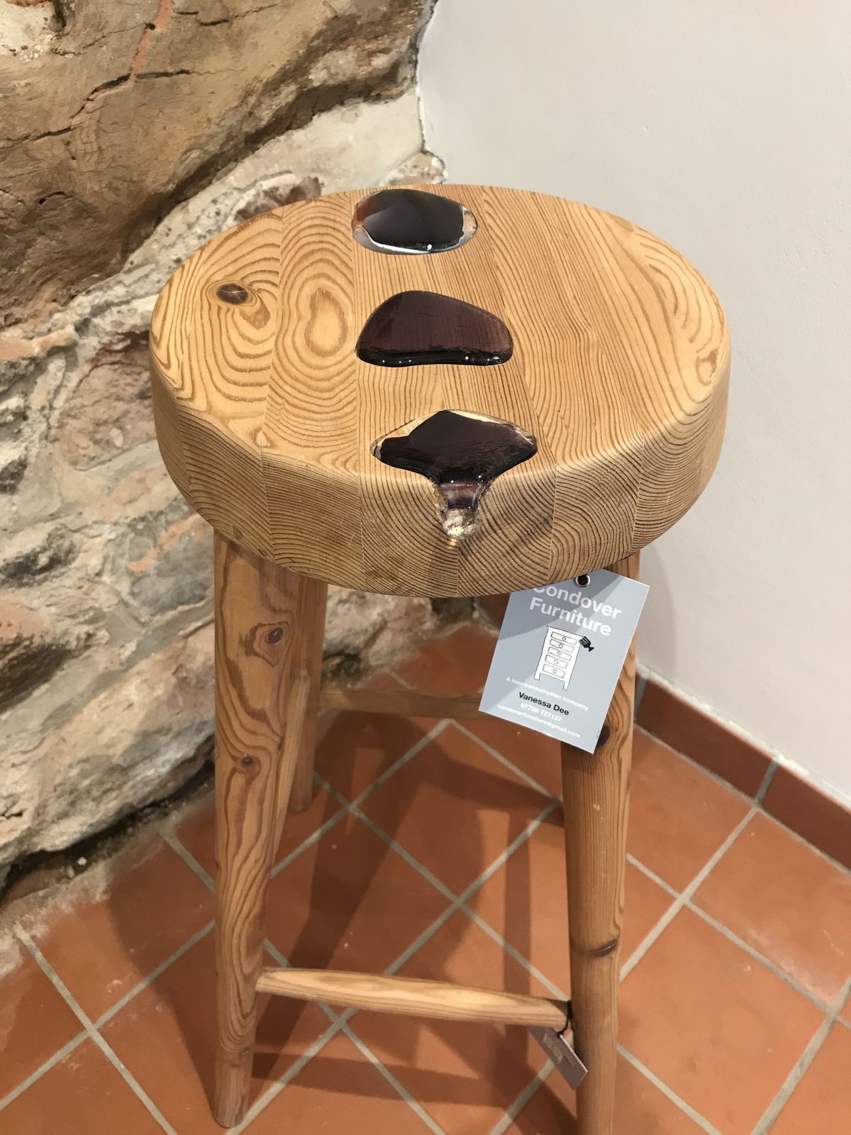 Unique Upcycled Painters Stool Accented With 3 Glass 'Pebbles' photo for sale