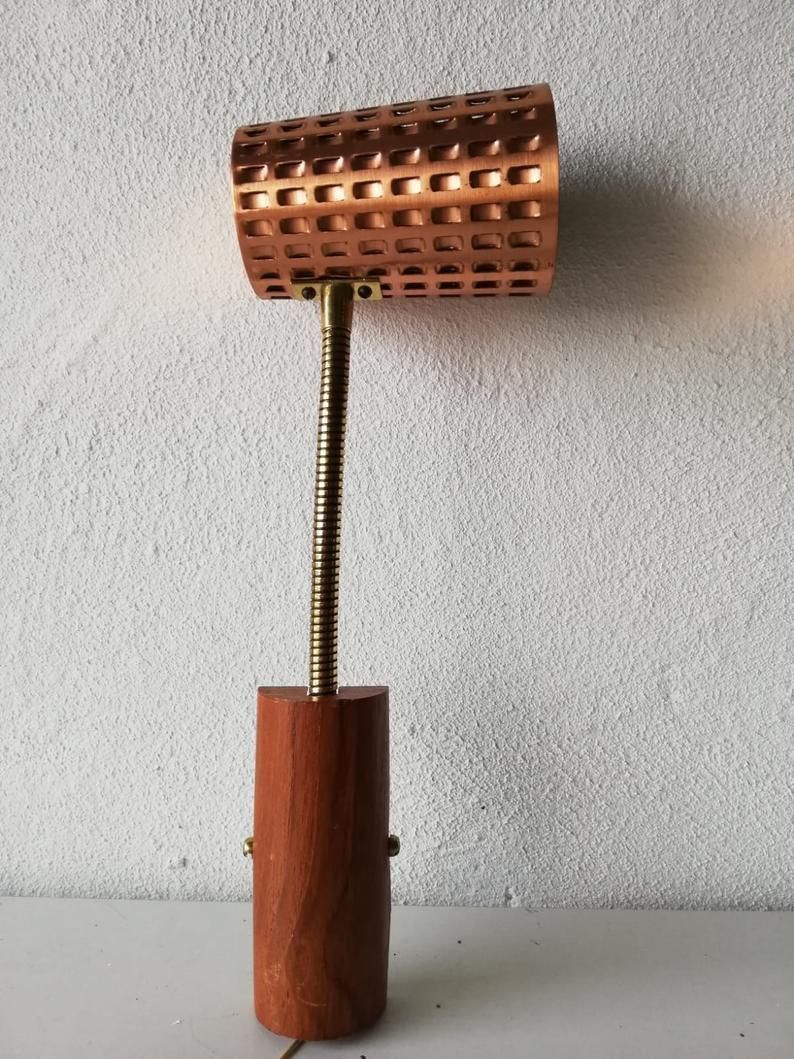 Mid Century Copper & Teak Pair Of Sconces   Scandinavia 1950s photo for sale