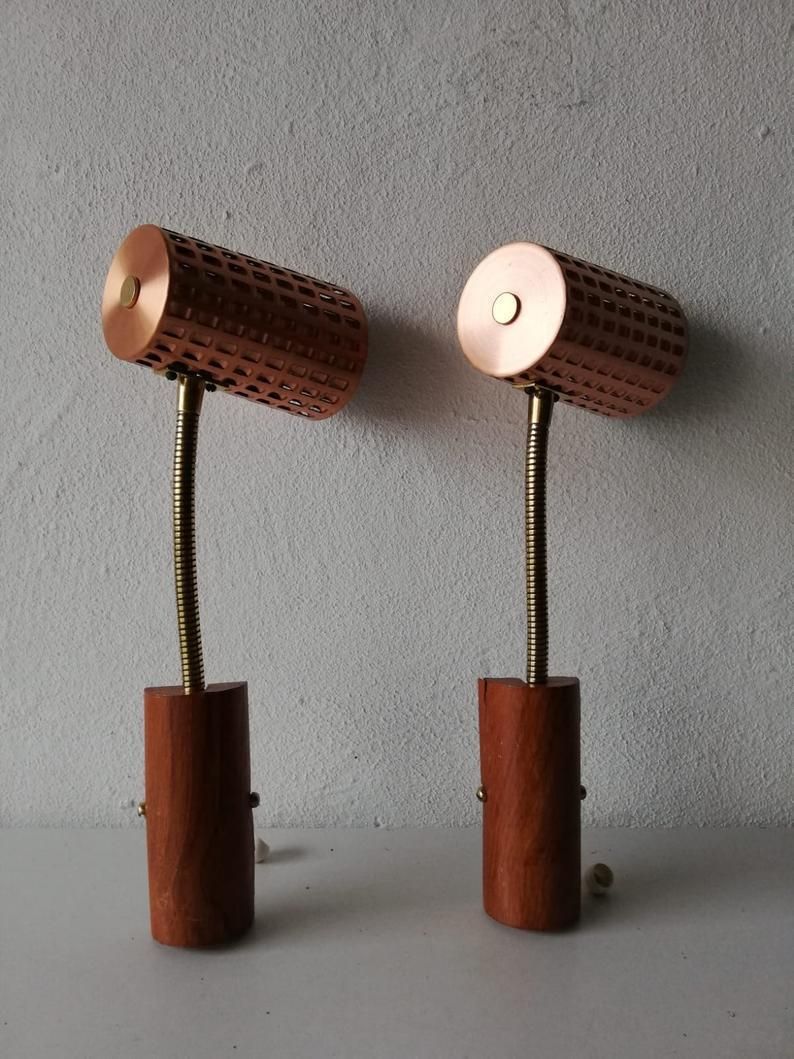 Mid Century Copper & Teak Pair Of Sconces   Scandinavia 1950s photo 678.28
