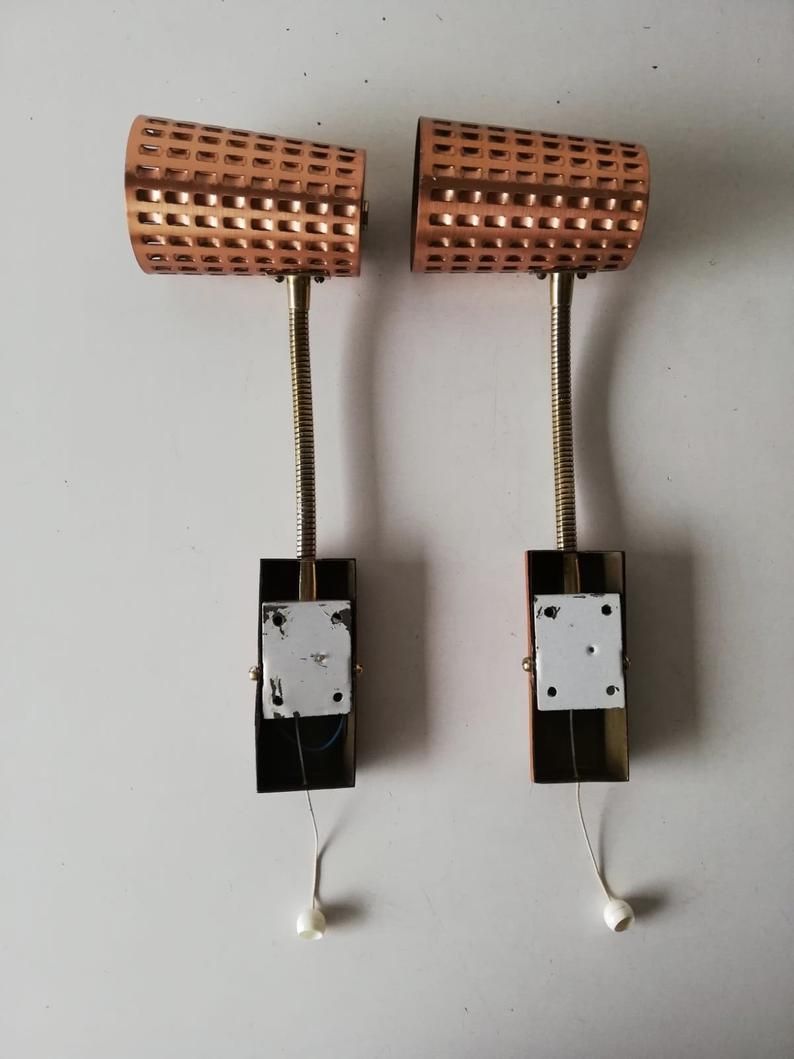 Mid Century Copper & Teak Pair Of Sconces   Scandinavia 1950s photo buy