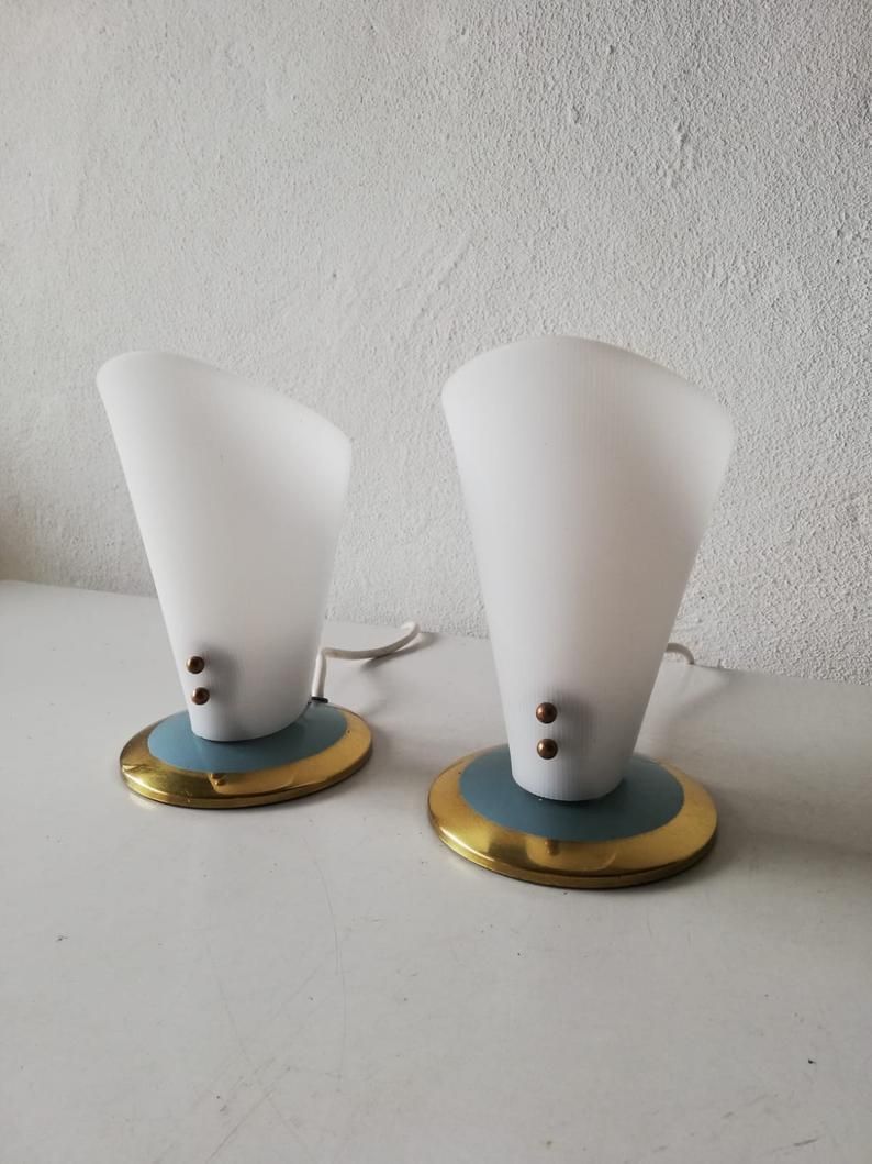 50s Curved Hard Plastic Lampshade Pair Of Beautiful Table Lamps   Blue & Brass Metal Base   Germany