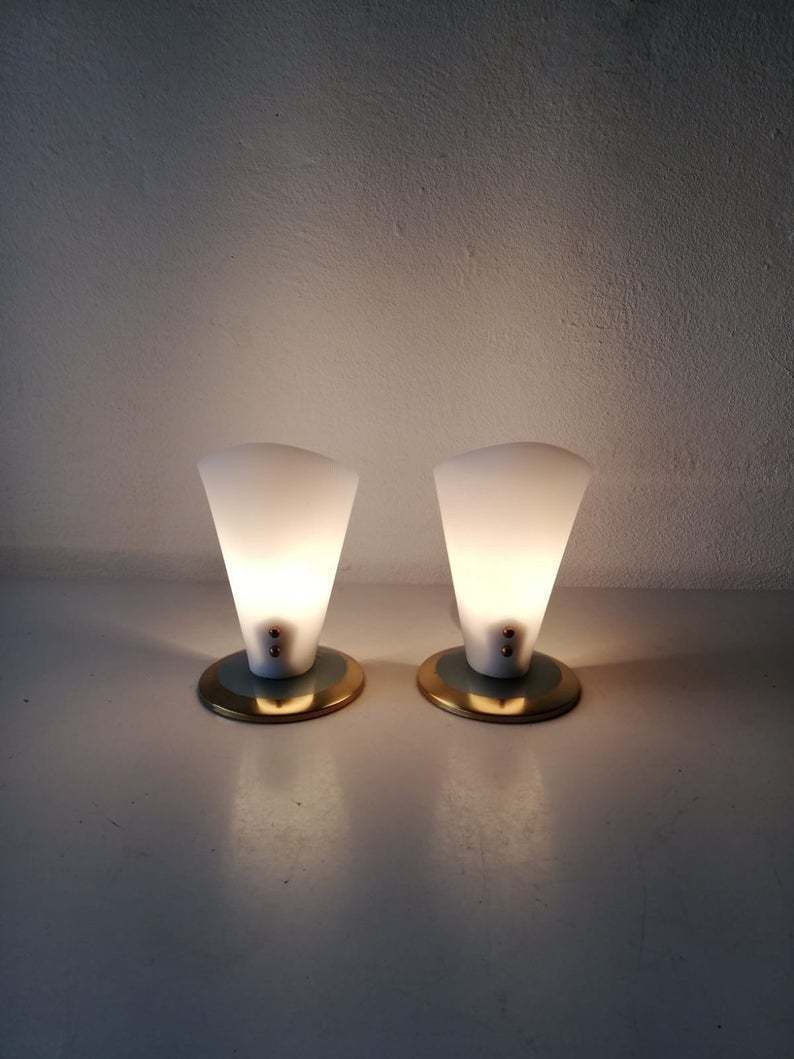 50s Curved Hard Plastic Lampshade Pair Of Beautiful Table Lamps   Blue & Brass Metal Base   Germany photo for sale