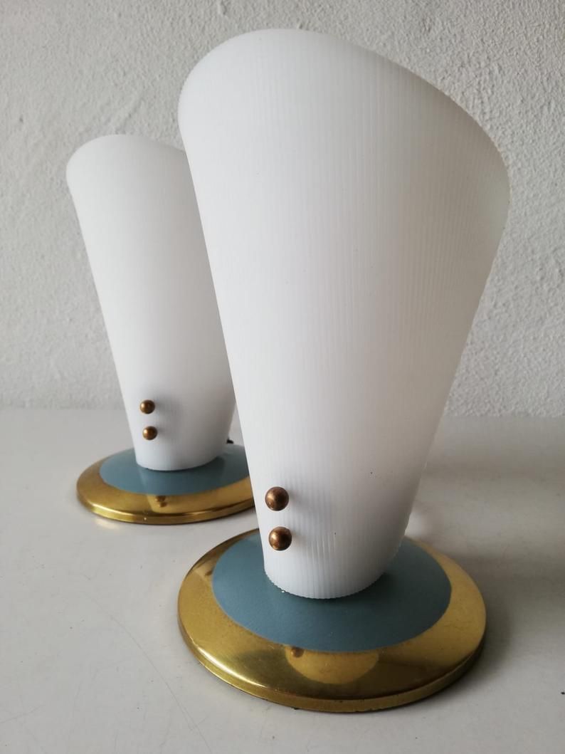 50s Curved Hard Plastic Lampshade Pair Of Beautiful Table Lamps   Blue & Brass Metal Base   Germany photo buy