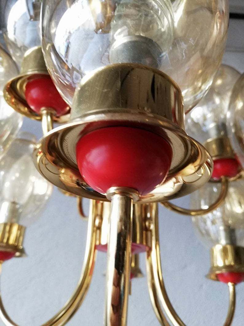 Magnificent Full Brass Body 9 Armed Chandelier   Glass Lampshades   Red Plastic Details   Mid Century Modern   Germany photo Lighting