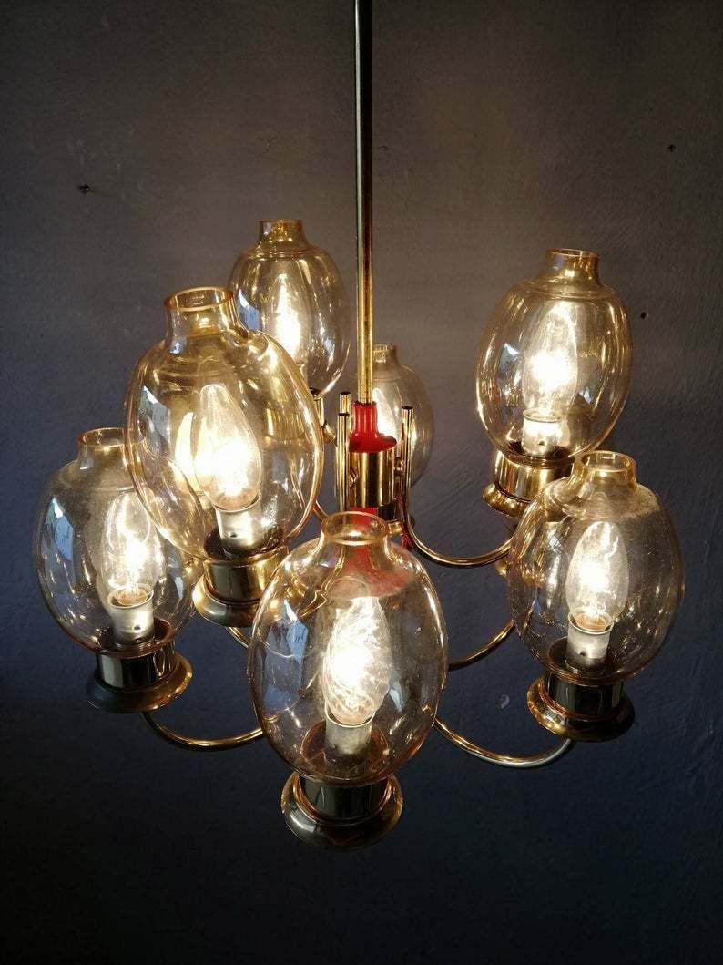 Magnificent Full Brass Body 9 Armed Chandelier   Glass Lampshades   Red Plastic Details   Mid Century Modern   Germany photo vinterior