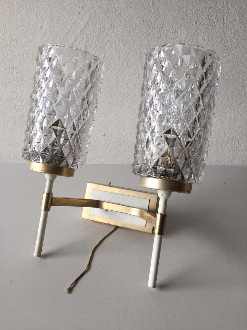 Mid Century Pair Of Very Elegant Crystal Glass & Gold White Metal Sconces   1950s Germany photo Lighting