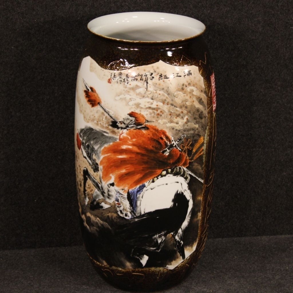 Chinese Painted Ceramic Vase With Warrior On Horseback