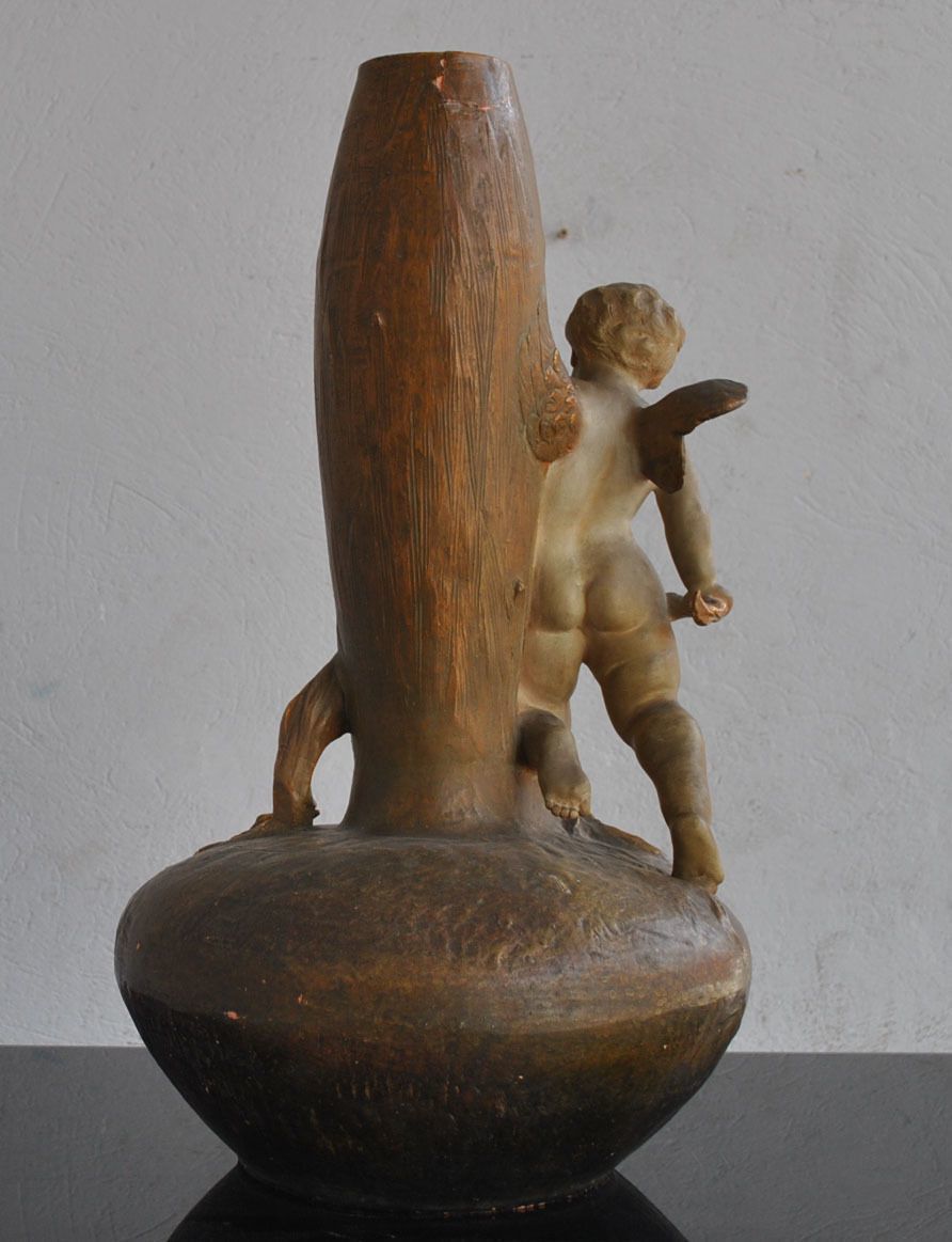 1900 Art Nouveau Terracotta Vase With Cherub Signed Lauwers photo furniture