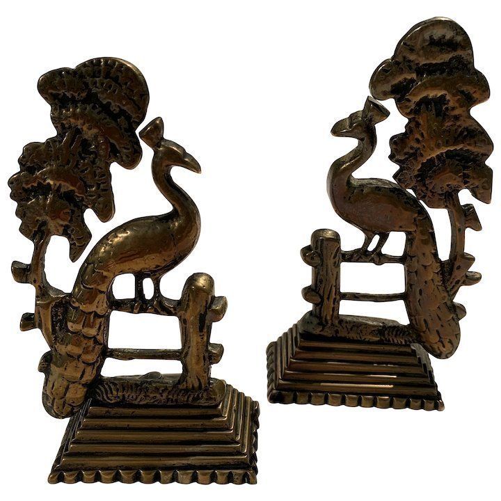 Pair Of Late Victorian Brass Mantle Ornaments In The Form Of Peacocks On A Fence