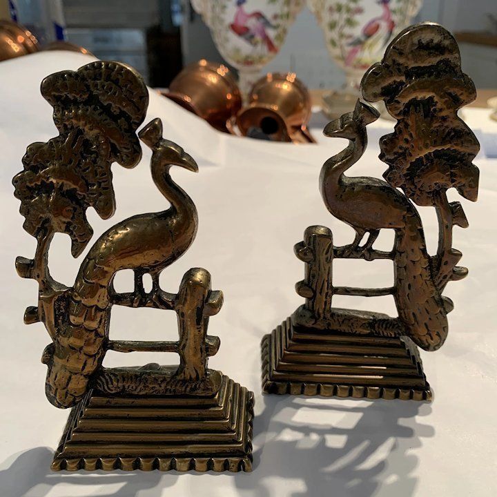 Pair Of Late Victorian Brass Mantle Ornaments In The Form Of Peacocks On A Fence photo furniture