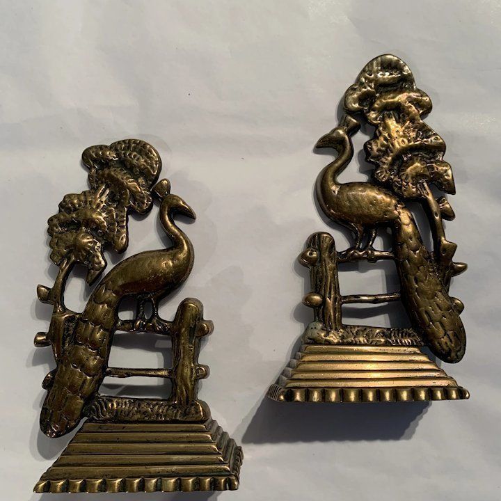 Pair Of Late Victorian Brass Mantle Ornaments In The Form Of Peacocks On A Fence photo Art