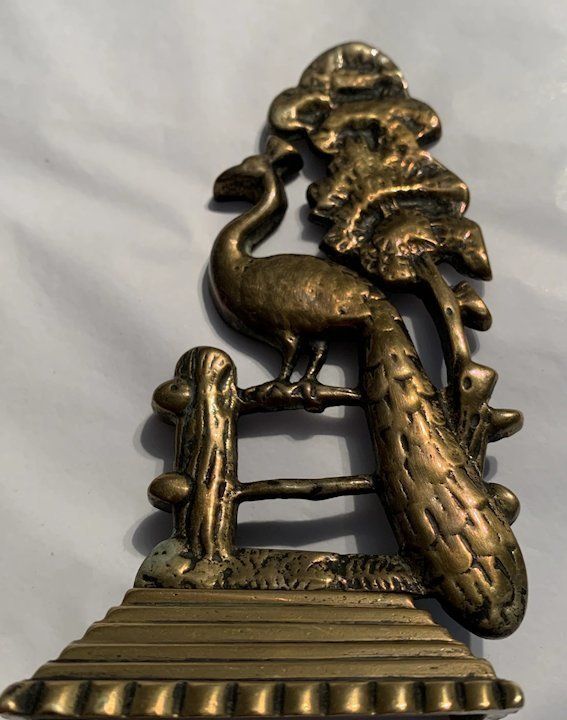 Pair Of Late Victorian Brass Mantle Ornaments In The Form Of Peacocks On A Fence photo vintage
