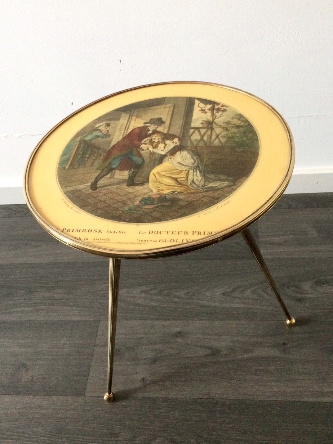 Italian Design Brass Tripod Side Table W Printed Top 1950s photo for sale