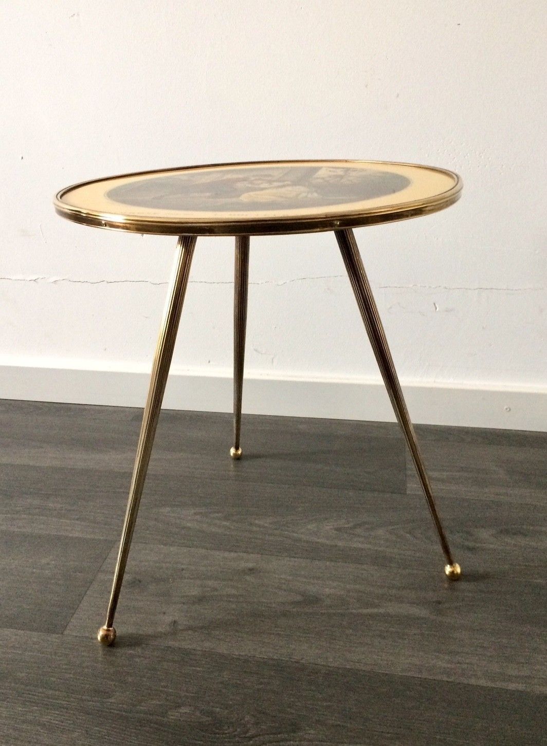 Italian Design Brass Tripod Side Table W Printed Top 1950s photo Furniture