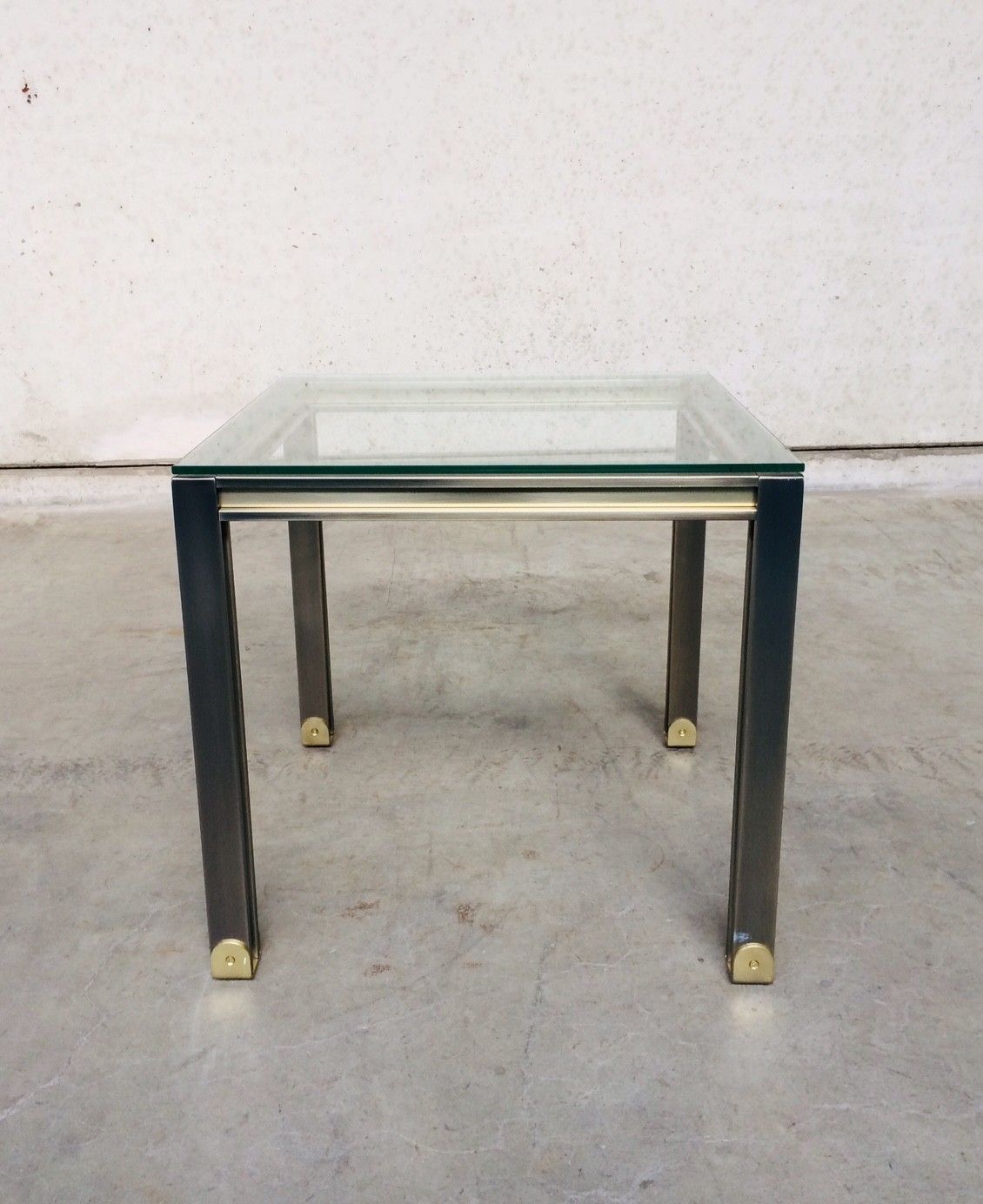 Post Modern Design Brushed Steel & Brass Square Coffee Table, 1980s Belgium photo furniture