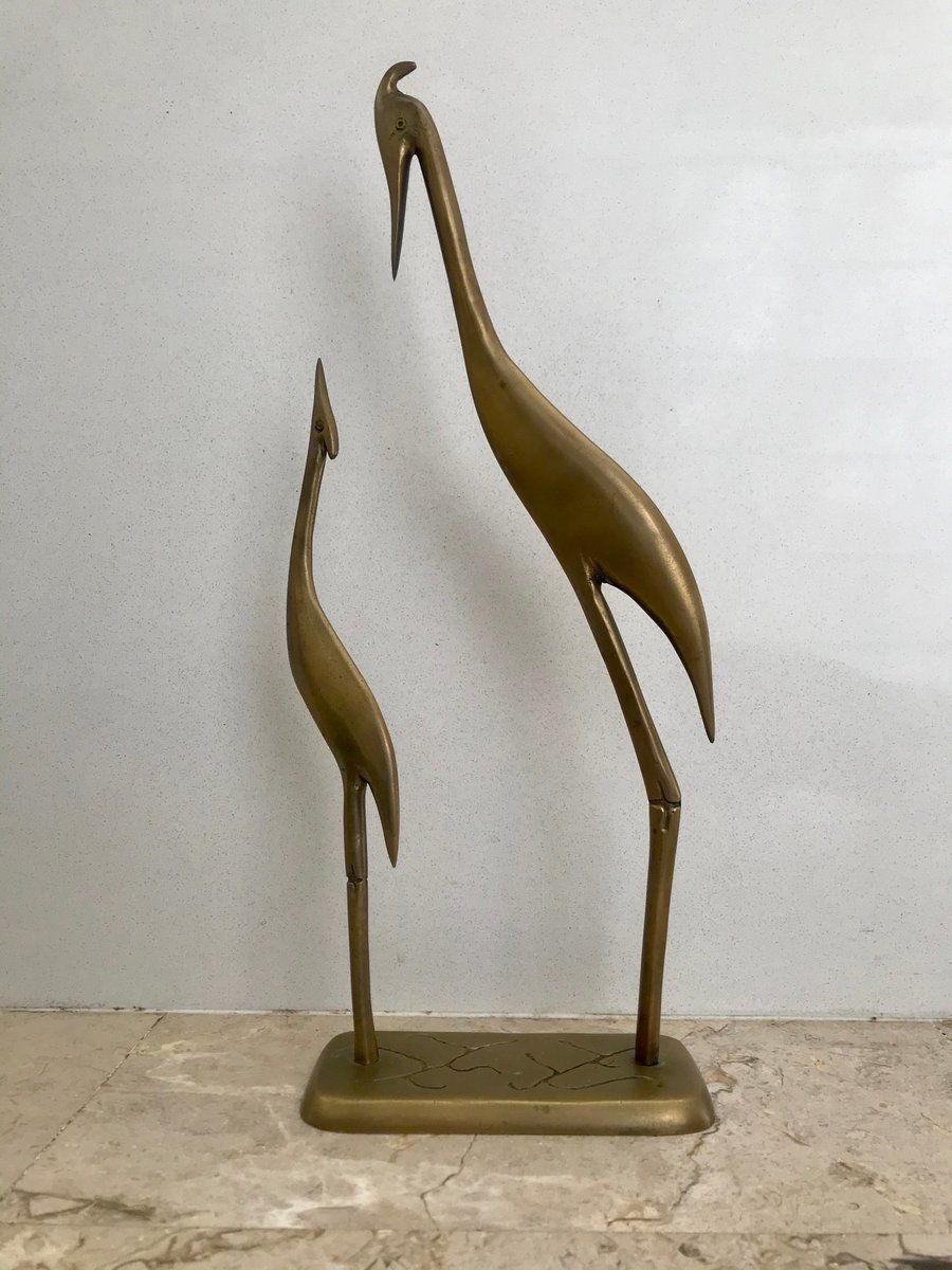 Mid Century Brass Pair Of Herons Sculpture On Pedestal, 1960s photo furniture