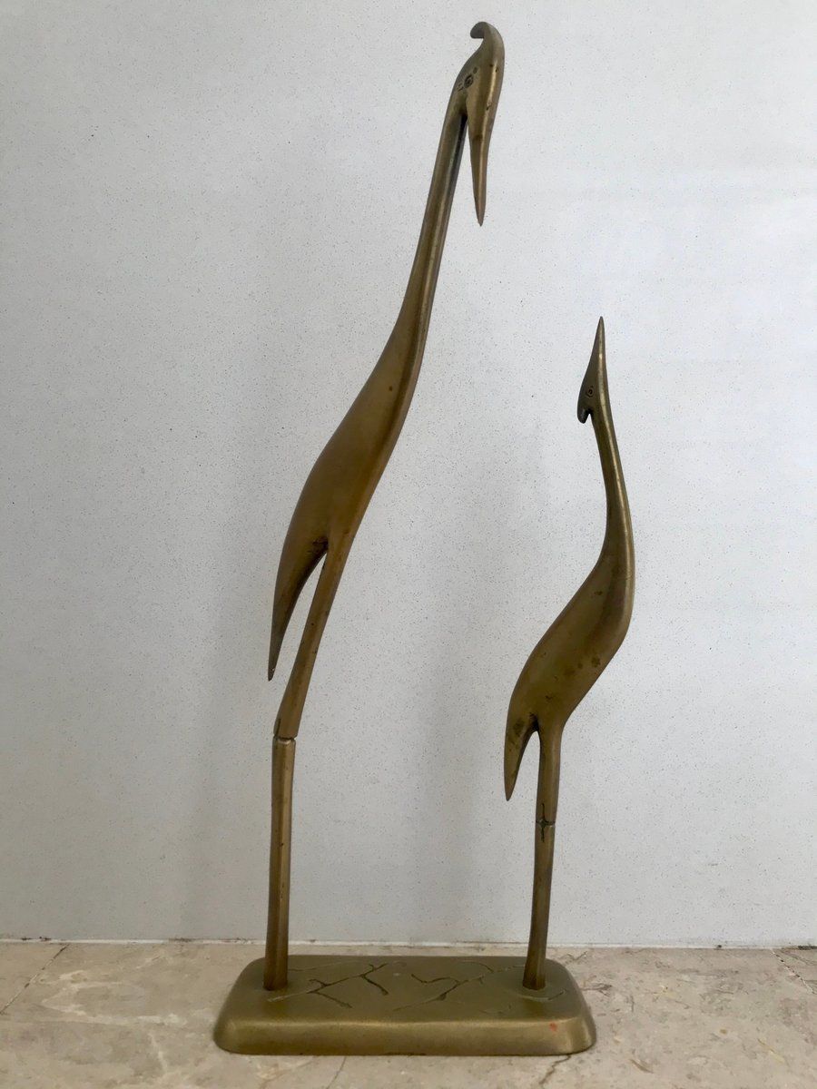 Mid Century Brass Pair Of Herons Sculpture On Pedestal, 1960s photo Art